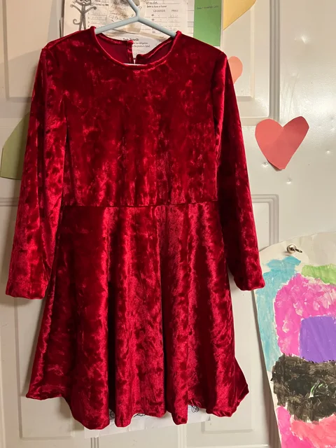 Red velvet dress with long sleeves and a gathered skirt